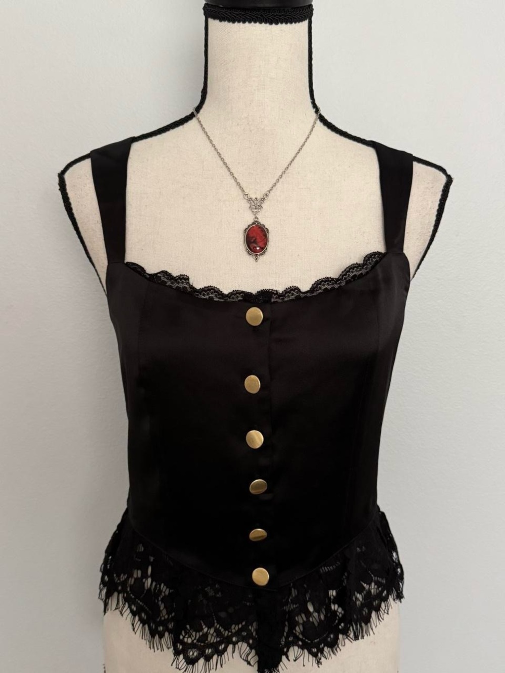 Black Lace-Trim Satin Tank with Hand Sewed Gold Buttons